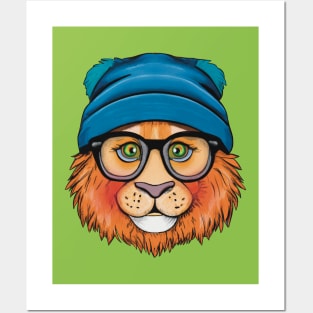 Orange Lion Wearing Glasses and a blue Hat Posters and Art